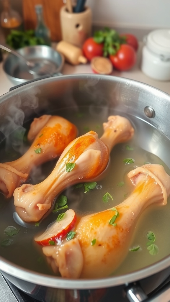 Boiling chicken drumsticks in a pot of water with herbs.